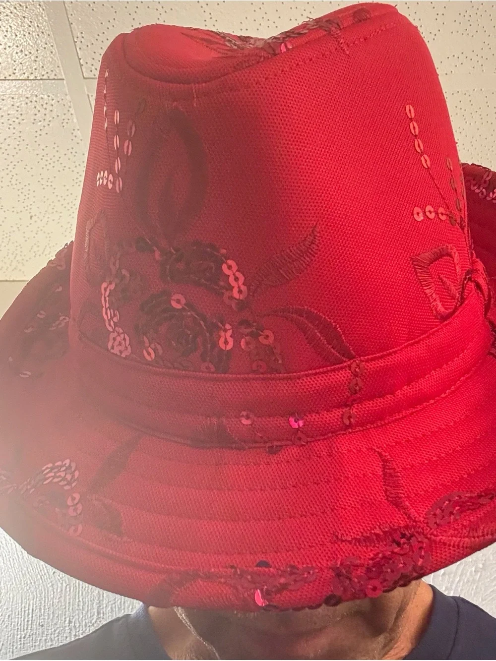 Women’s  Red Sequin Flower Fedora Hat New SZ M/L Embroidered Floral